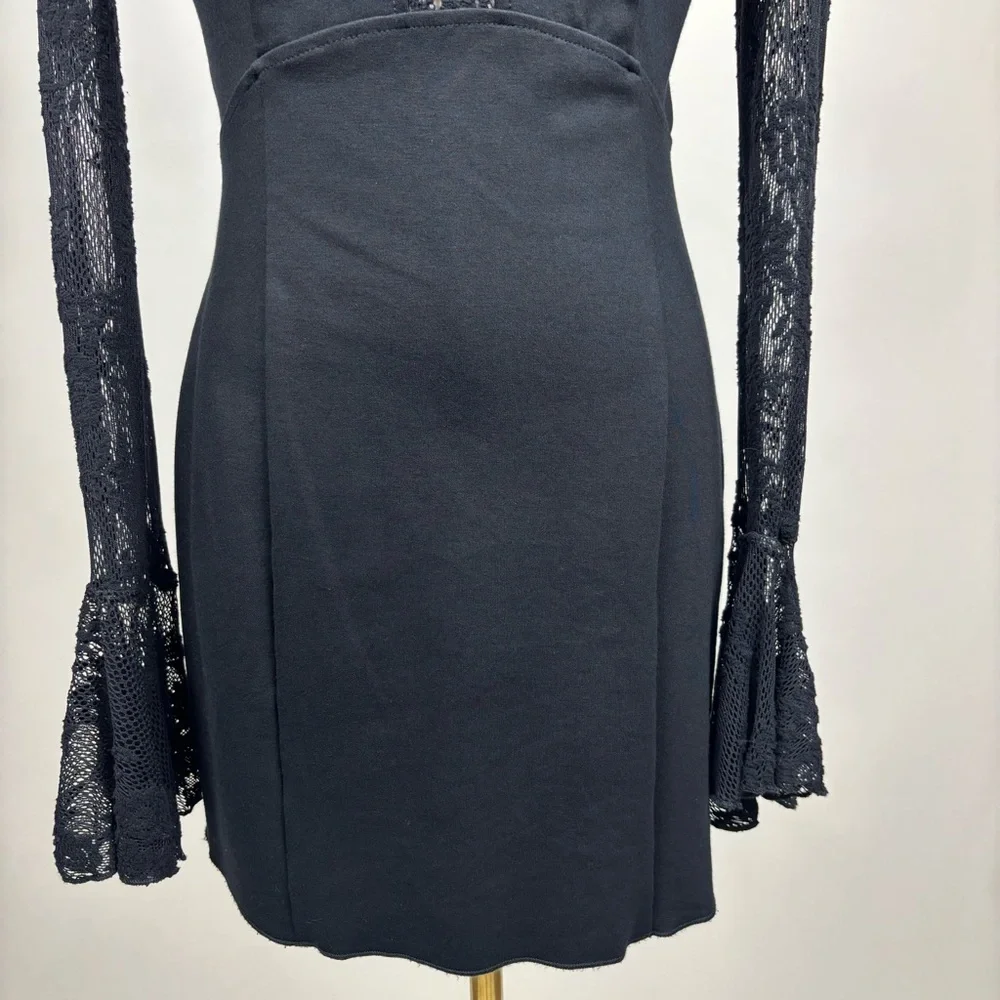 Free People It's Now or Never Lace Bodycon Dress Bell Sleeve Open Back Black S